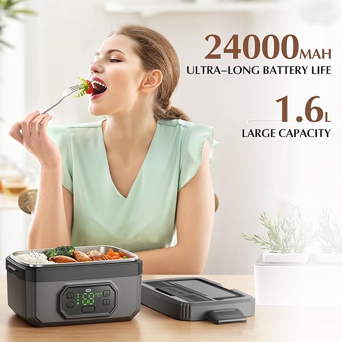 Electric Lunch Box for Adults with Timer - 1.6L Cordless Electric 24000mAh Battery-Powered Heated,5-Sided Heating & Smart Reservation - Portable Heated Lunch Box for Office, Truck, Camping