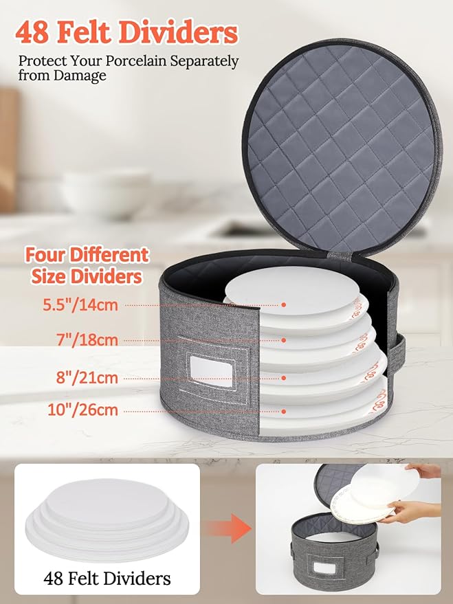 Cirhy China Storage Containers, 4 Piece Rigid-Shell Dinnerware Storage with Felt Dividers, Stackable Fine China Storage for Plates, Bowls, Glassware, Kitchen Dish Organizer for Moving
