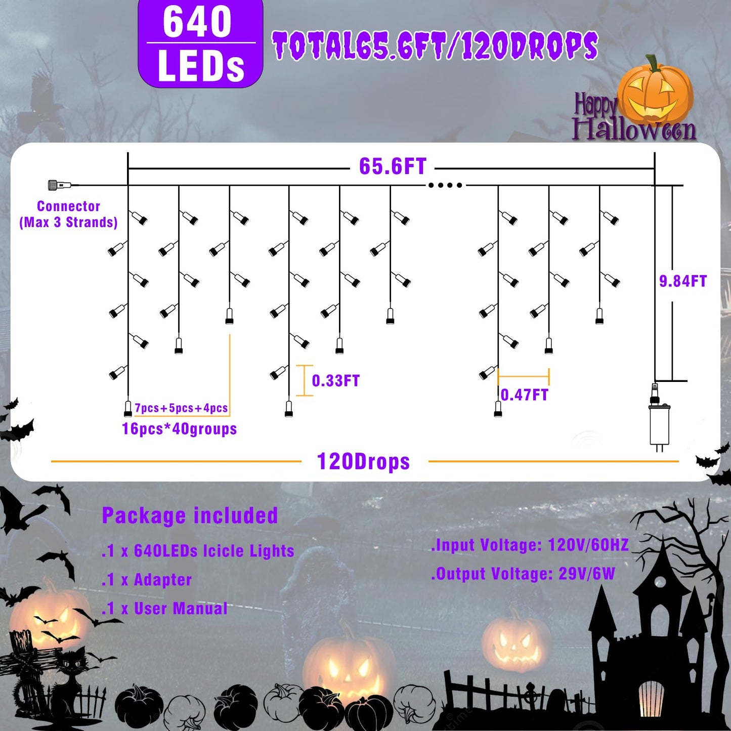 66Ft Christmas Lights Outdoor  640 Led Icicle Lights For Outside  Orange And Purple Twinkle Lights With Connectable Clear Wire 8 Modes Timer Waterproof For House Party Tree Holiday Yard Decorations