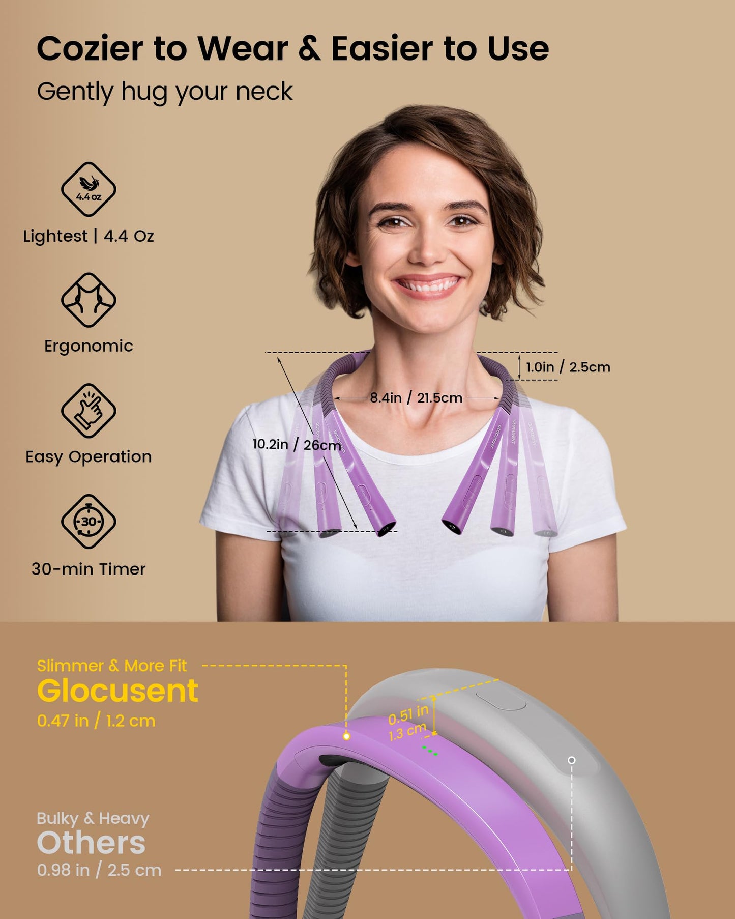 Glocusent LED Neck Reading Light, Rechargeable, 3 Brightness Levels, 30-min Timer, Purple, Model GLCSNTBL007