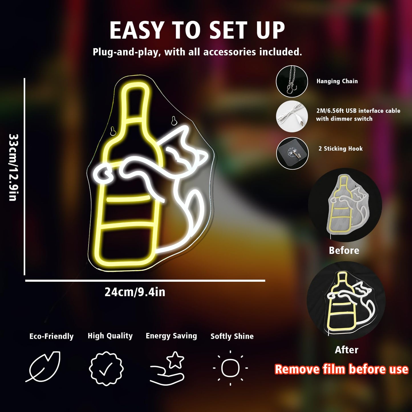 Wanxing LED Neon Light - Cute Cat Sign, USB Powered, Acrylic, Yellow-Drunk Cat for Home Bar, Party, Unique Gift