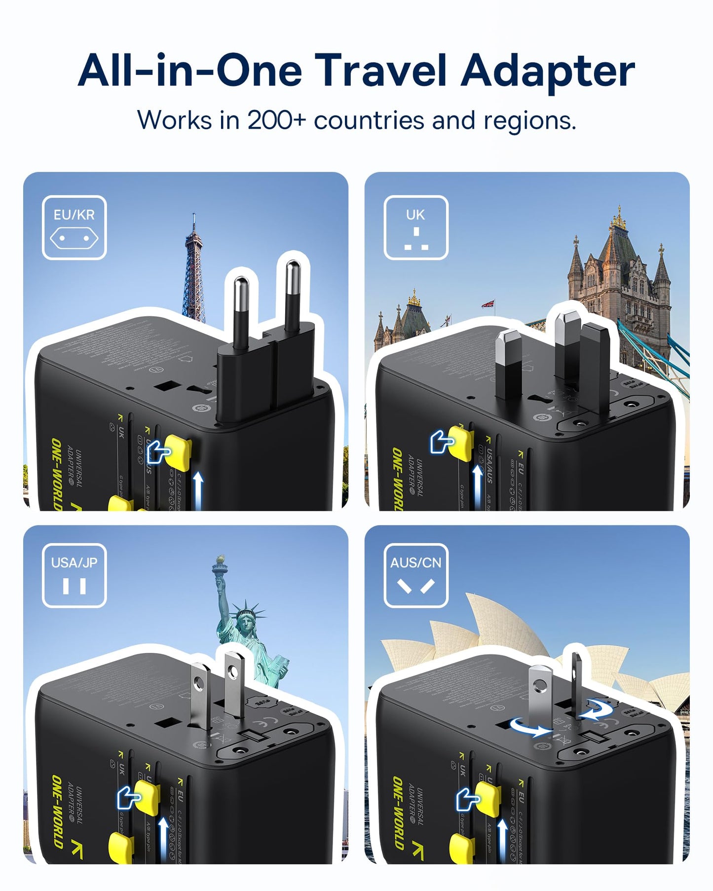 Baseus 70W Universal Travel Adapter with Retractable Cable, 6-in-1 International Plug Adapter, USB-C PD Fast Charging Worldwide Wall Charger for USA/EU/UK/AUS and Over 200 Countries - Enercore CG11