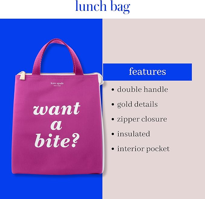 kate spade new york Cute Lunch Bag for Women, Large Capacity Lunch Tote, Adult Lunch Box with Silver Thermal Insulated Interior Lining and Storage Pocket, Colorblock, Want A Bite