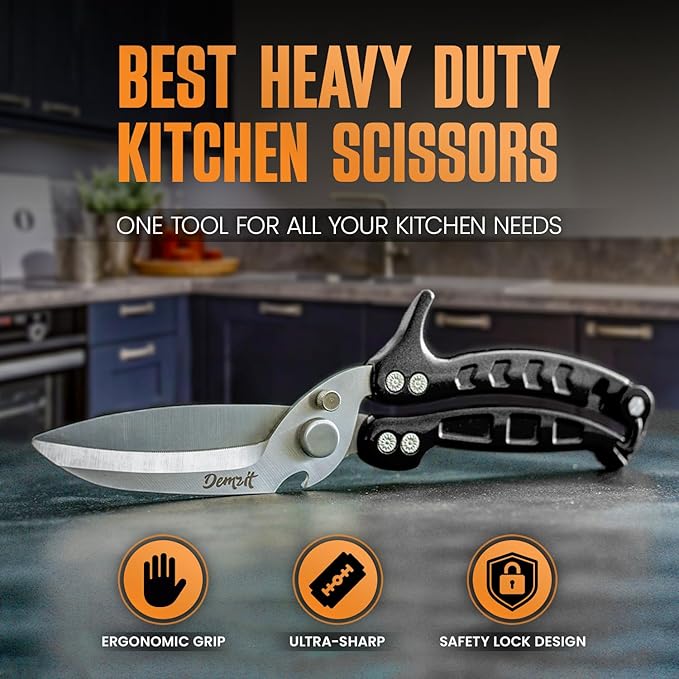 Poultry Shears, Kitchen Shears Heavy Duty for Food With Anti-Slip Handle & Safety Lock, Meat Scissors, Chicken, Lobster, Quail, Fish, Food Cutting Scissors, Bone Cutter (Ultra shears Black)
