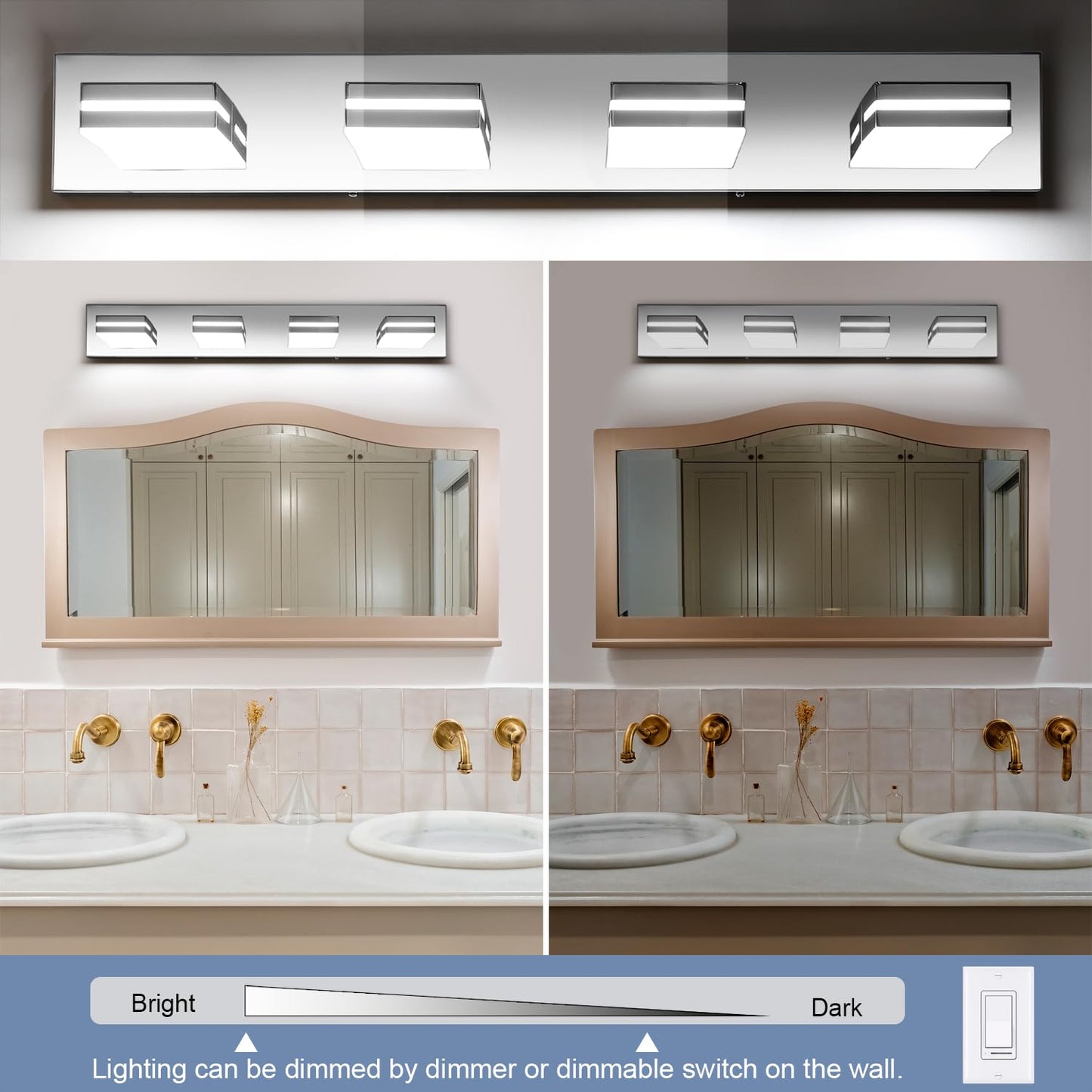 SineRise LED Bathroom Vanity Light Fixture, 4-Light, 30-Inch, Dimmable, Acrylic, Chrome Finish, Model H0001-19