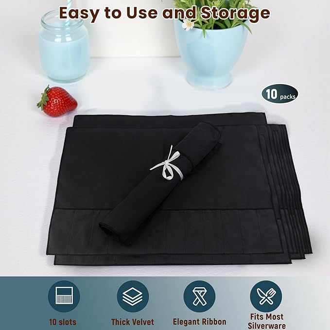 10 Pcs Black Silverware Organizer,Silver Storage Cloth Felt Flatware Organizer, Silver Protector Bags, Place Setting Roll with Stylish White Ribbon for All Kitchen Cutlery Utensil