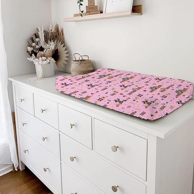 Fall Farm Witch Cats Baby Changing Pad Cover Halloween Farmhouse Pig Hen Bat Moon Pumpkins Floral Nursery Diaper Changing Table Sheets for Boy Girl Soft Stretch Changing Pad Table Mats 32''x16''