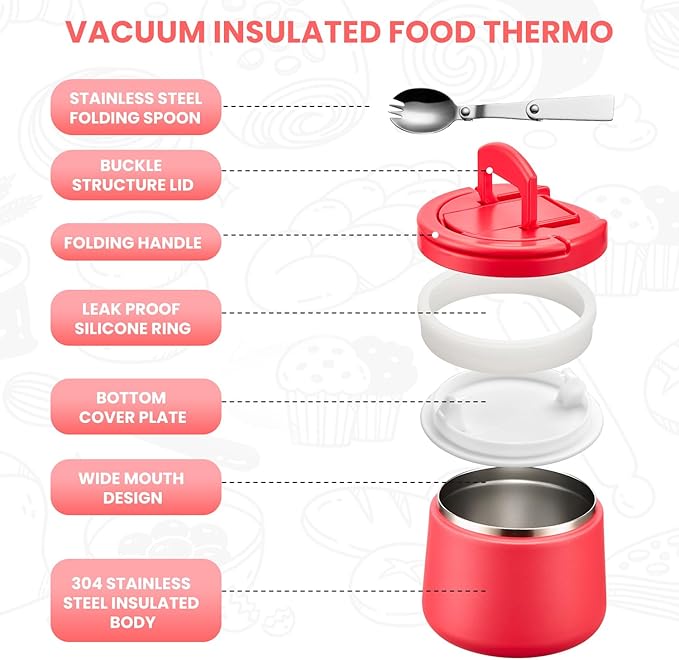 Kids Thermo for Hot Food, 14oz Insulated Soup Jar, Stainless Steel Lunch Box with Leakproof Lid & Spoon, Vacuum Insulated Bento Container (Red)