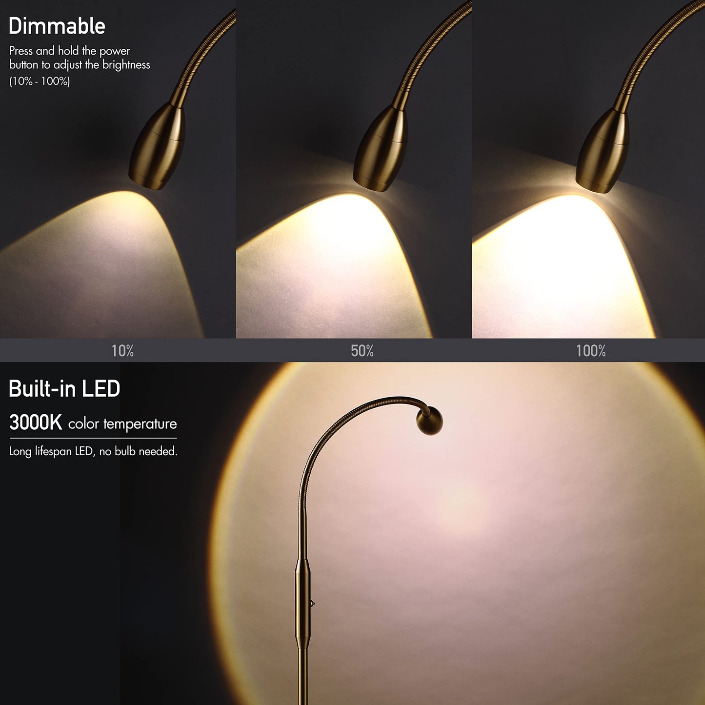 OBright Adjustable LED Beam Floor Lamp, Dimmable, Zoomable, Antique Brass, Flexible Gooseneck, Model OB-FL15M