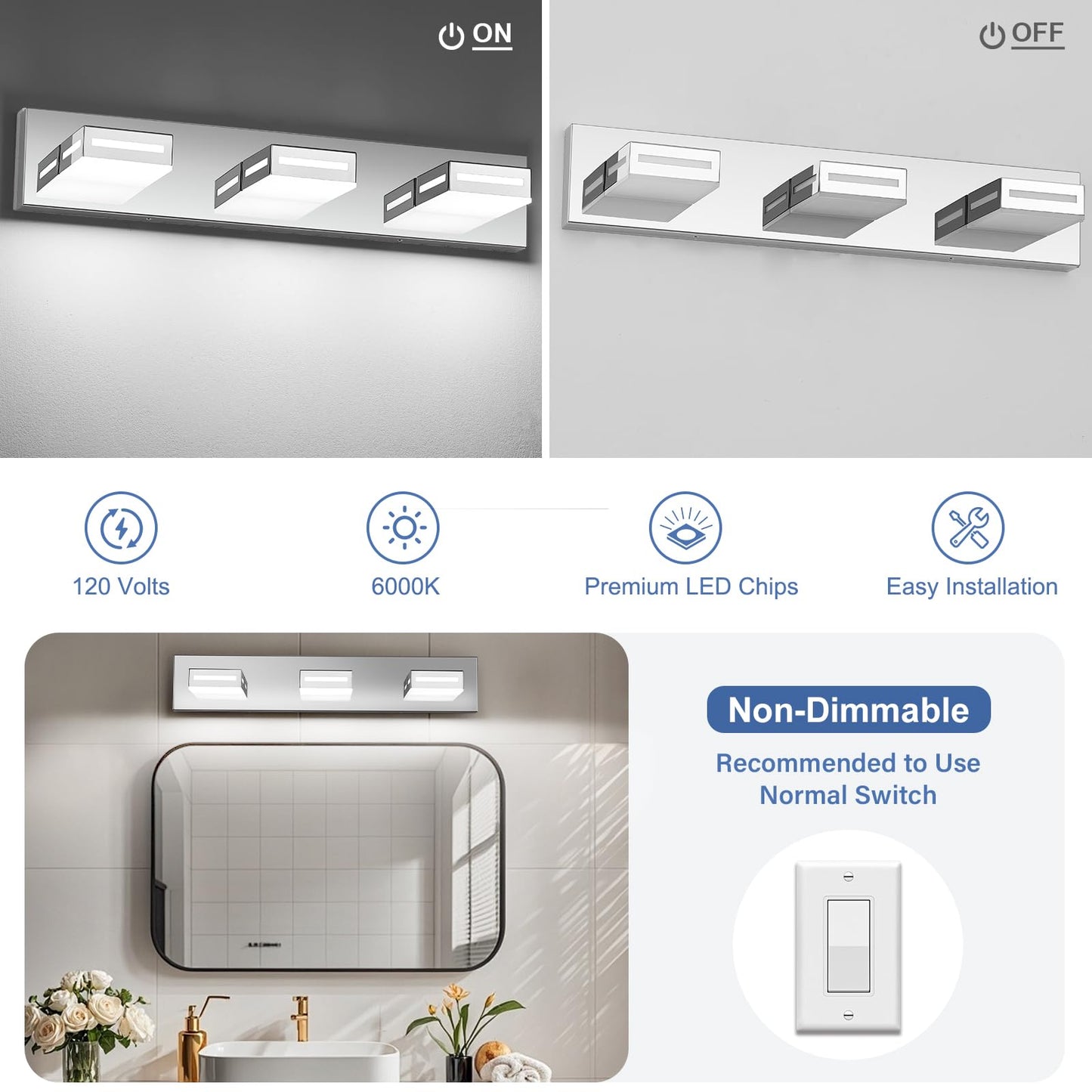 Donrao 24-Inch 3-Light Led Modern Chrome Bathroom Vanity Light Fixtures Over Mirror  Bathroom Lighting Fixtures With Cool White 6000K  Rotatable Vanity Wall Lights For Bath Restroom Powder Room