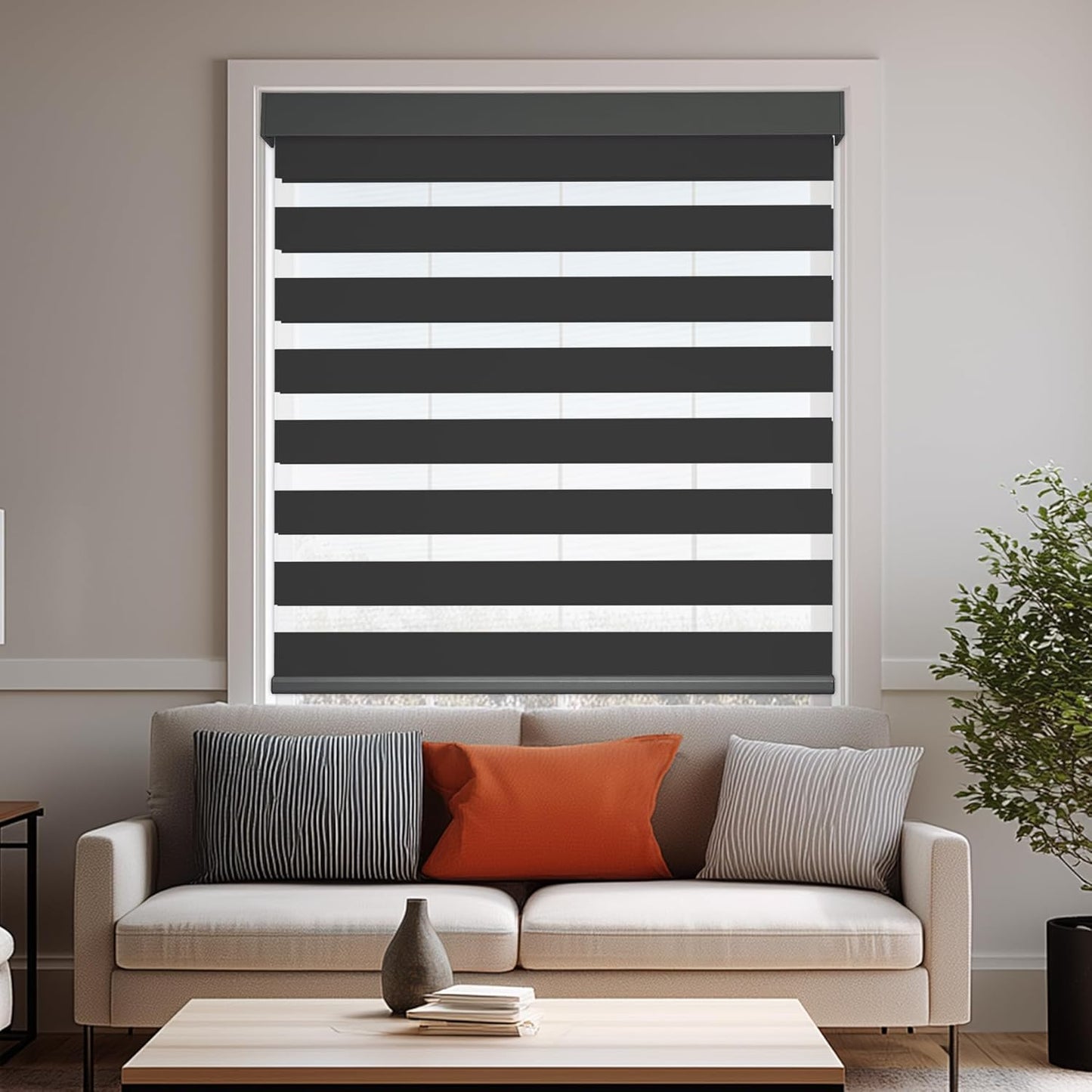 HESTIA Cordless Zebra Blinds Light Filtering Roller Shades UV Blocking Blackout Privacy Indoor Window Shades for Home Office Day and Night, Black,31" W x 48" H