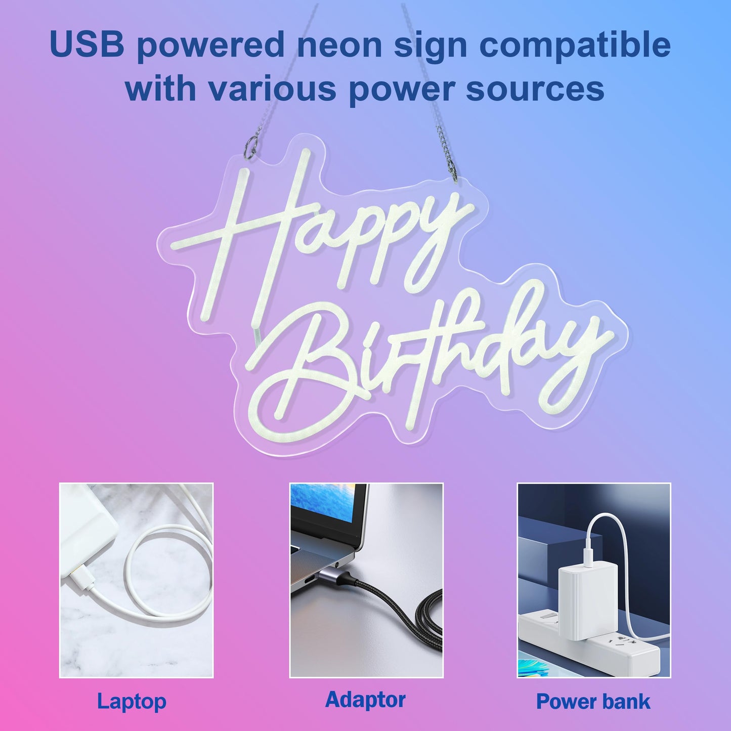 ASIUXIRS Happy Birthday Neon Sign Wall Light - White Plastic for Bar, Club, Bedroom, Cafe, Wedding Party
