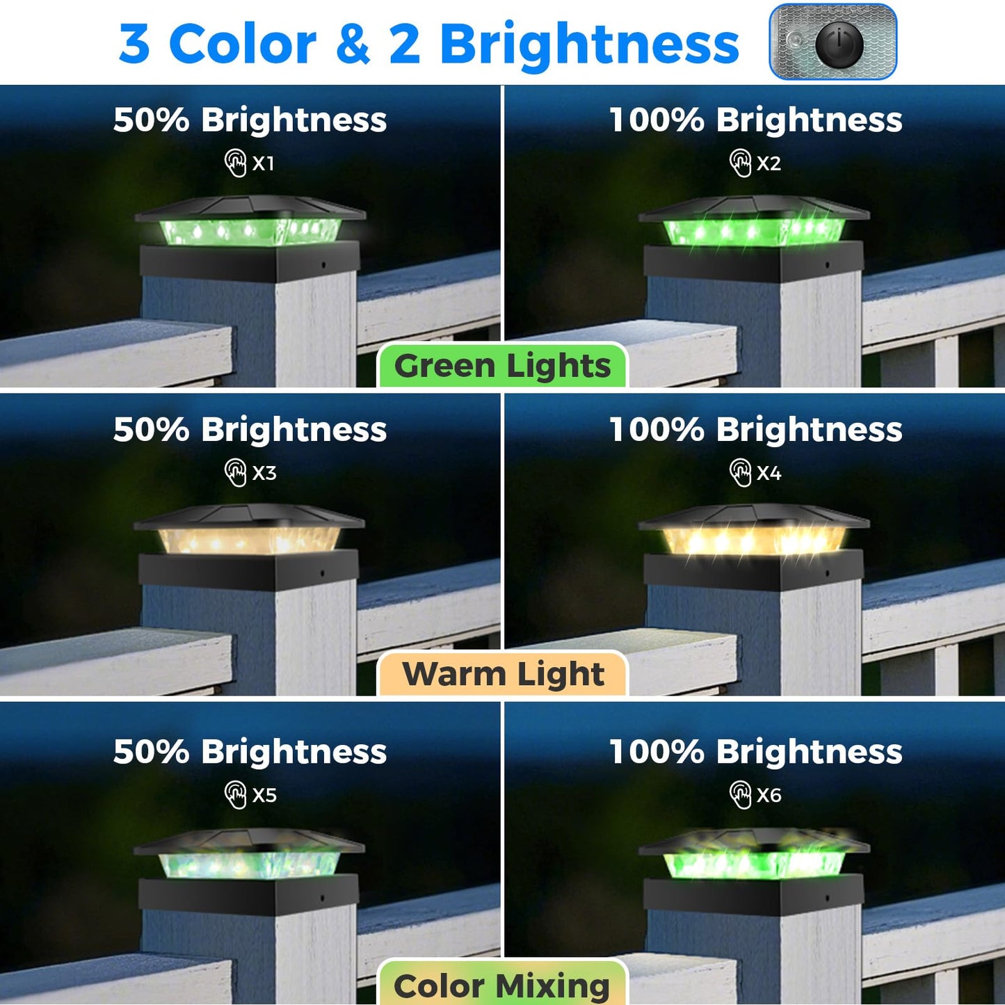 Peasur 2 Packs 4X4 Solar Post Lights Outdoor  Green & Warm White Led Fence Caps Light Waterproof  Wood & Vinyl Post Top Lighting For Deck Mailbox Railing Porch Outside