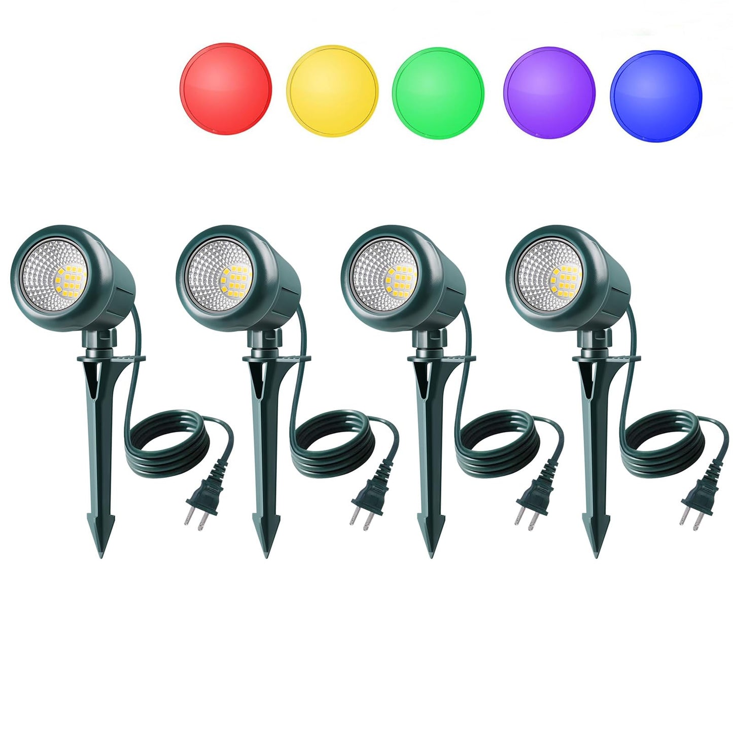 Gmalos Christmas Spotlights Outdoor  120V Plug-In Halloween Spot Light  5000K Led Landscape Lighting With 5 Color Lenses (Red Green Blue Purple Yellow)  Ip67 Waterproof  4 Pack