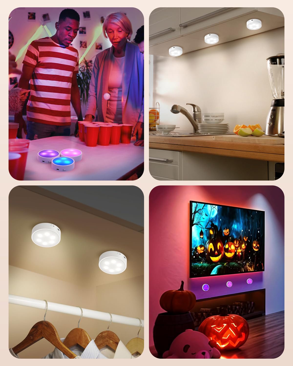 GOODEA.fun Puck Lights with Remote, 13 RGB Colors LED Under Cabinet Light, Rechargeable Battery Operated Under Cabinet Lighting Tap Lights, Stick on Lights with Dimmer and Timer（6 Pack）