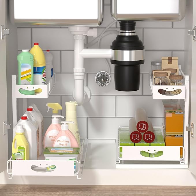 Under Sink Organizer with Pull-Out Drawers,Kitchen Sink Organizer,2 Tier Bathroom Organizers And Storage,Bathroom Accessories Set,White 1 Pack