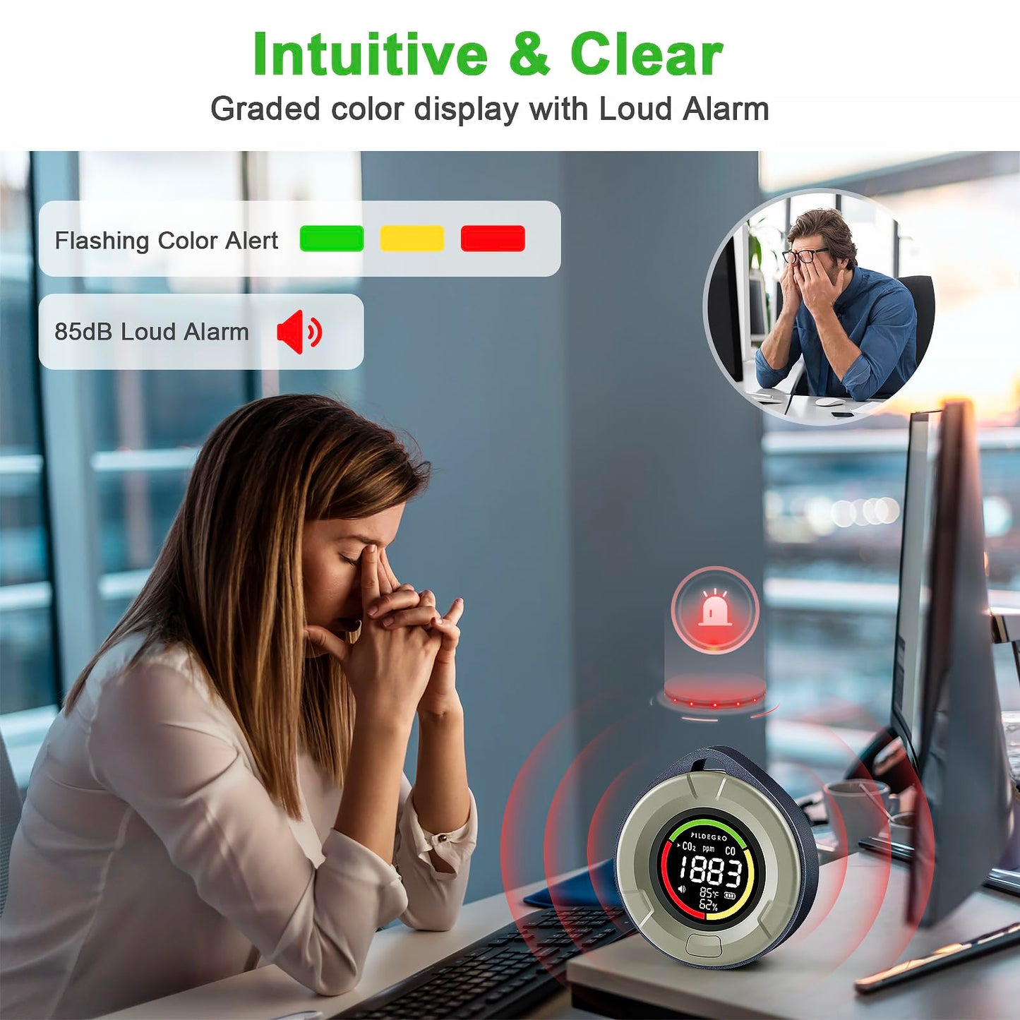 Pildegro 4-in-1 Portable Carbon Monoxide and Carbon Dioxide Detector, Upgraded Rechargeable Travel CO & CO2 Monitor 3-Day Standby, Premium Real-Time CO & CO2 Alarm for Air Safety & Quality (Grey)
