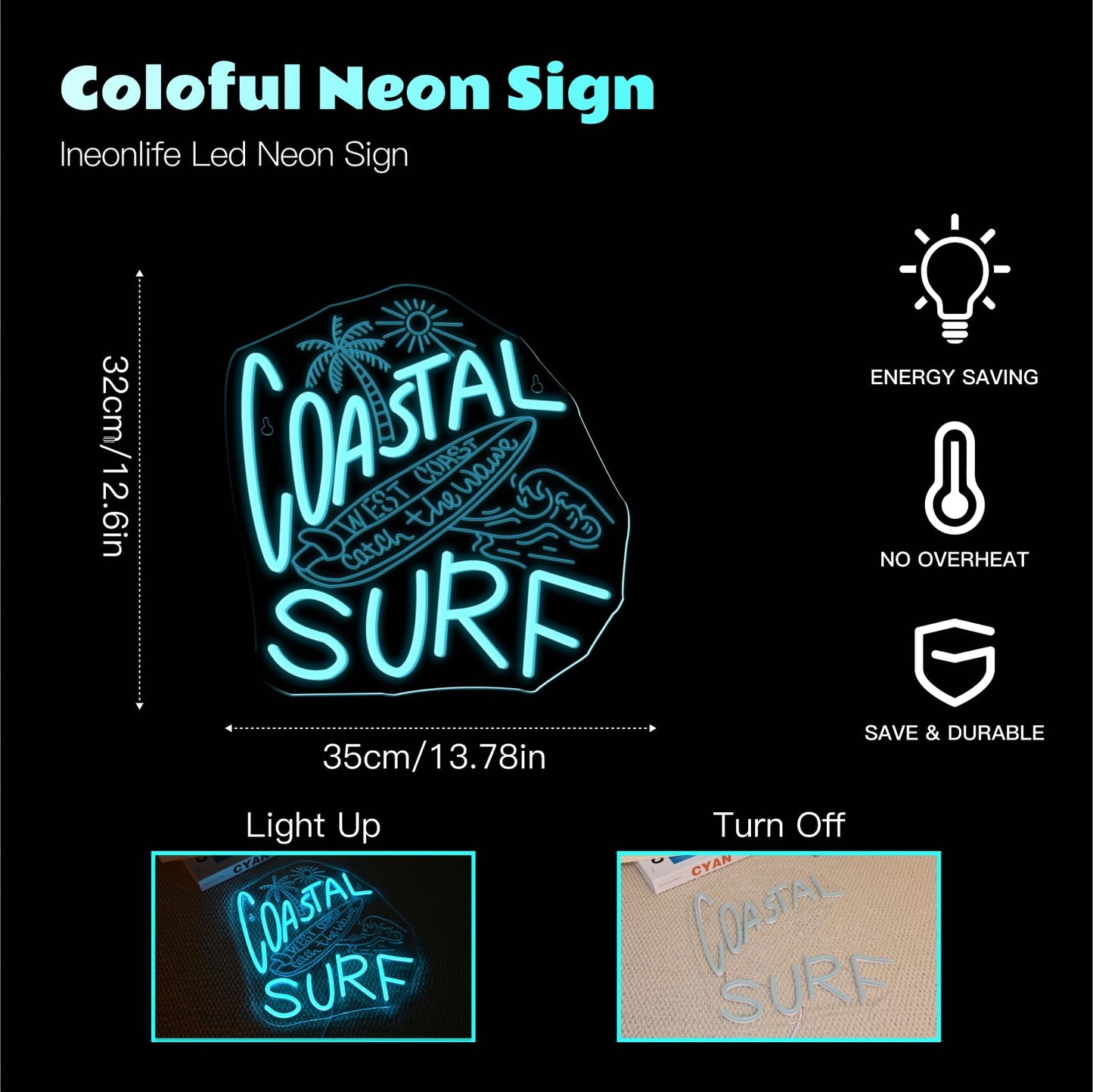 Ineonlife Coastal Surfing Neon Sign Surfboard Neon Sign For Wall Decor Funny Led Light For Game Room Bedroom Bar Club Decor Teen Boy Man Cave Holidays Birthday Surfer Gift