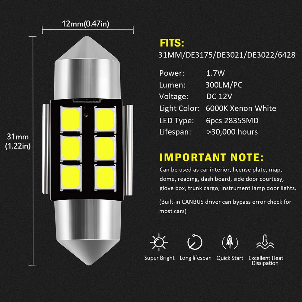 Auxlight Festoon Led Bulbs 31Mm 6000K Xenon White, Super Bright 6Smd Chips, Pack Of 6