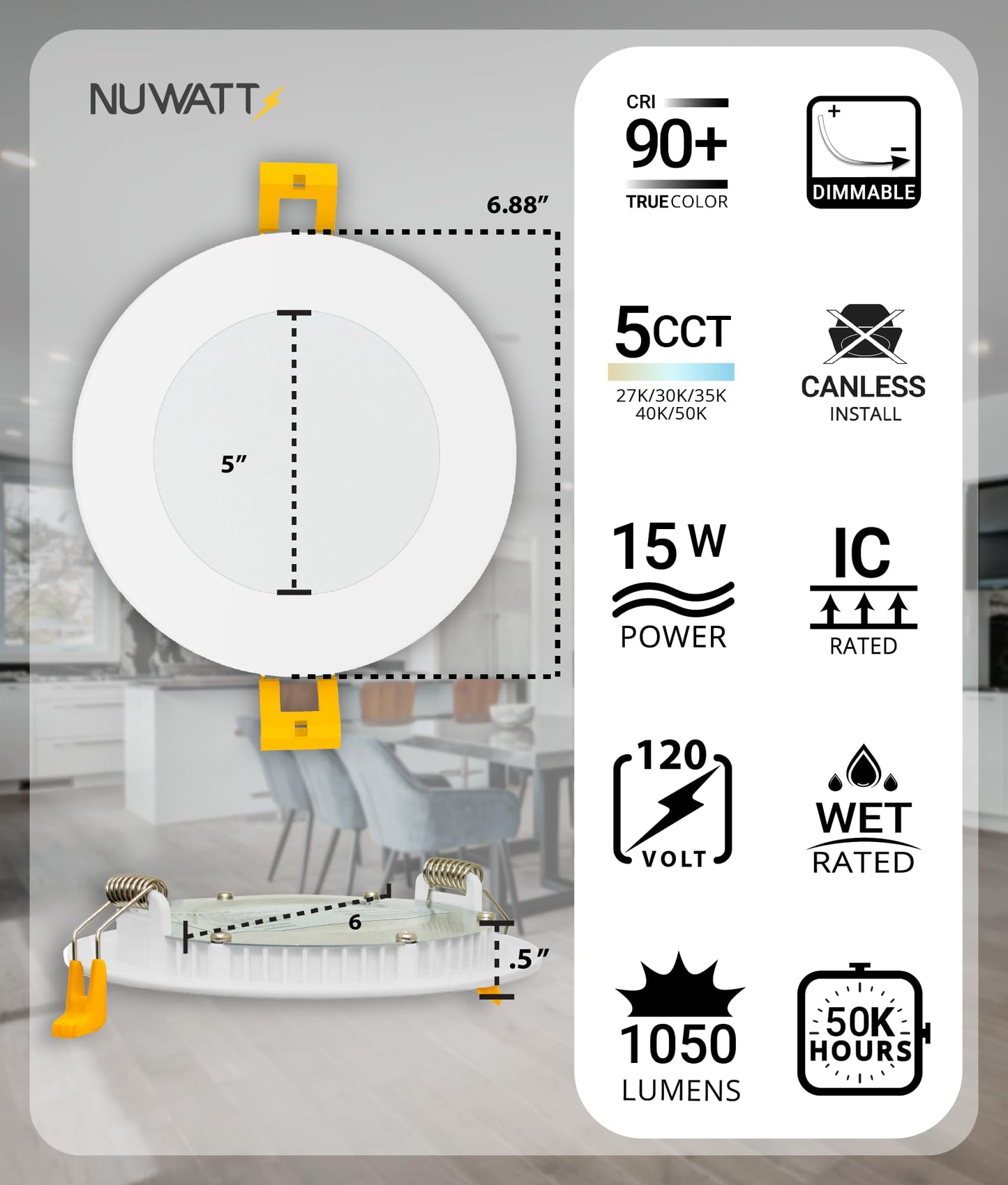 Nuwatt 6 Pack  6 Inch Ultra-Thin Led Recessed Lighting  Cct 2700K/3000K/3500K/4000K/5000K Selectable  1050Lm  15W  Dimmable  Ic Rated  Wet Rated  White Trim Canless Slim Wafer Light With Junction Box