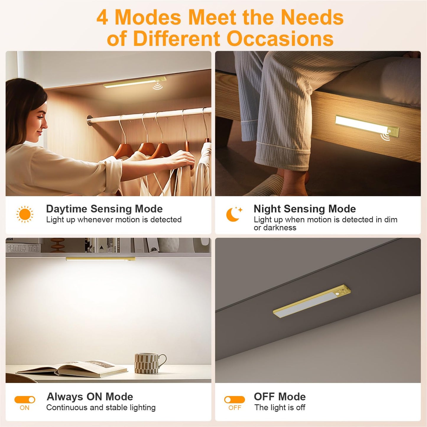 Gritin 10.2Inch Under Cabinet Lighting Rechargeable -84 Led Super Bright 3-Color& 5 Level Brightness 4 Modes Motion Sensor  Long Lasting- Easy Installation Magnetic Closet Lights -2 Pack-Gold