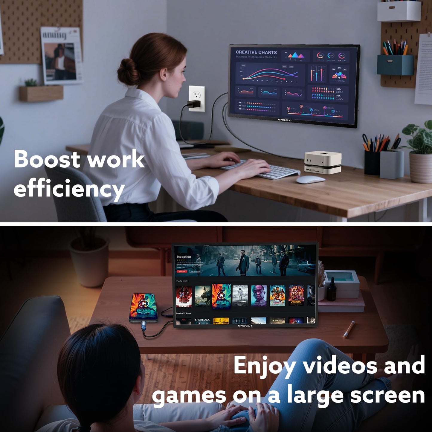 GWSGUT 23.8'' FHD 1080P 120Hz Portable Monitor VESA USB-C HDMI Large Second External Gaming Screen Built-in Stand Speakers for Laptop PC Mac Phone PS4/5 Xbox HDR IPS Display (1080p 120Hz, 23.8")