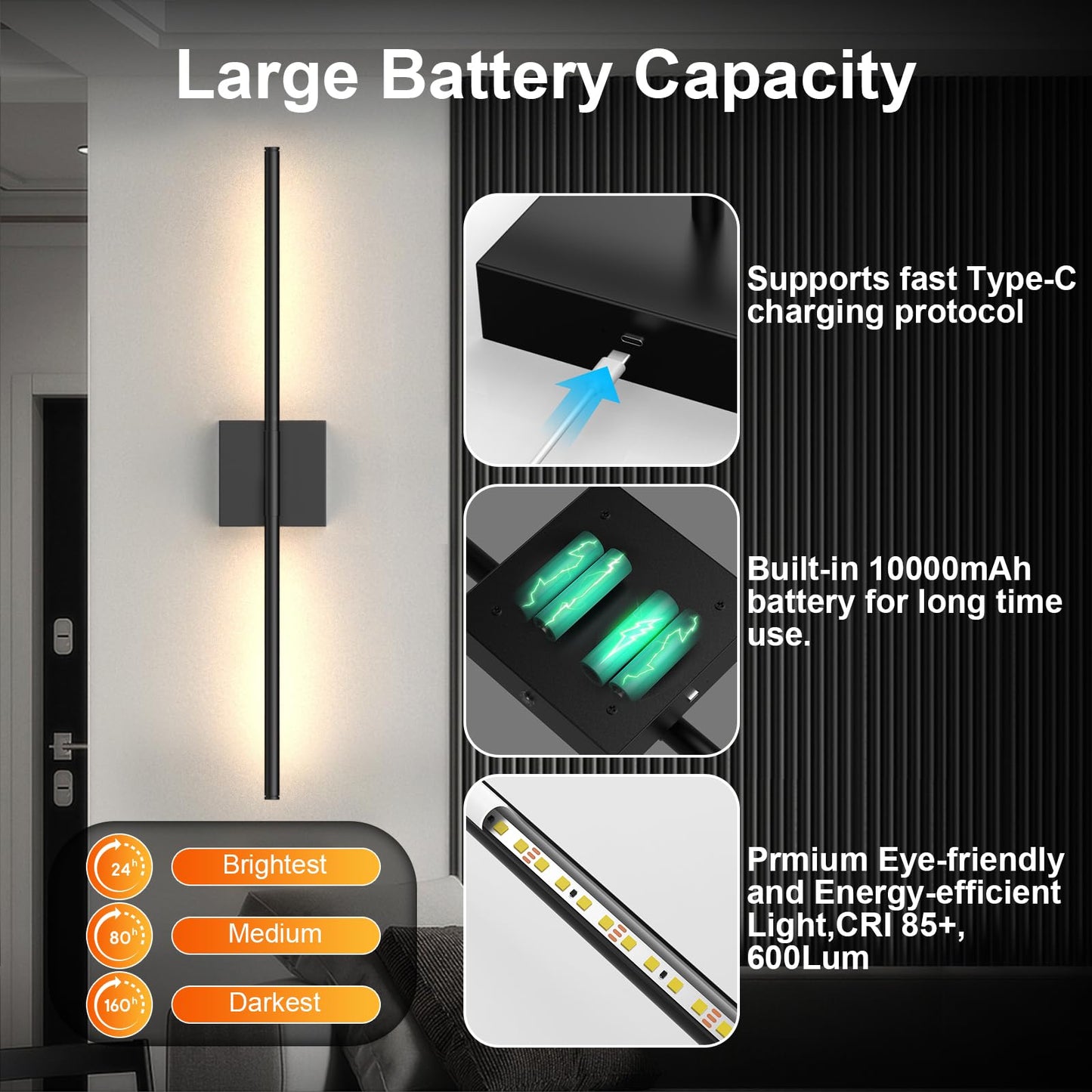 Tartek Battery Operated Wall Sconces Set of Two, Dimmable 3000K-6000K, 32 Inch, Black, Model SE-WS-PB01S