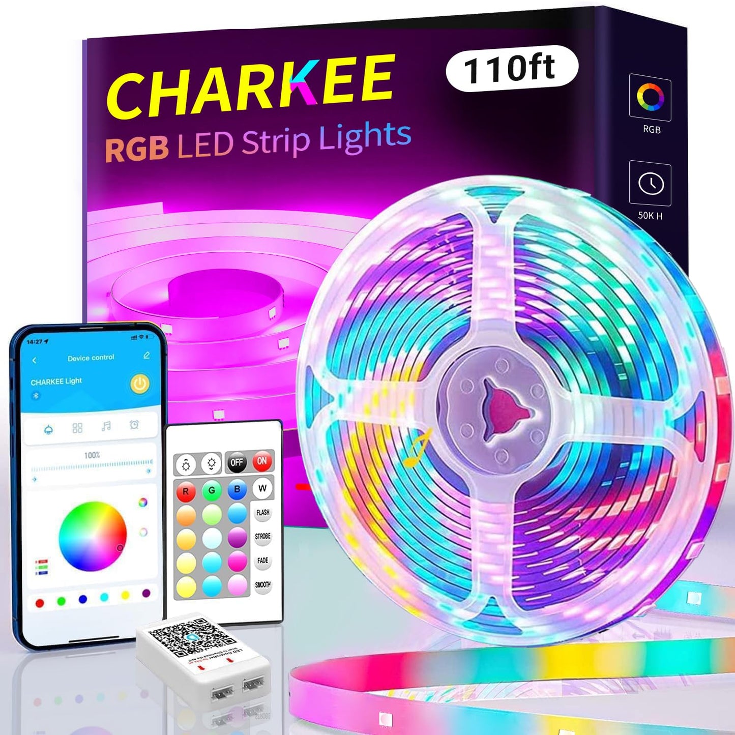 CHARKEE LED Strip Lights Kit, 65.6ft (2 Rolls of 32.8ft), RGB Color Changing with 44 Keys Remote, Model CH55NW3002P1