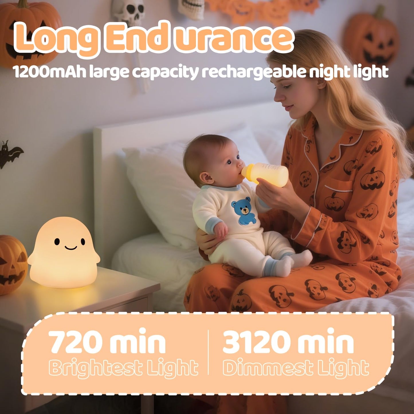 Rytinazzz Halloween Ghost Night Light, Dimmable Silicone Lamp, Rechargeable, Colorful Ghost, Model LH-YL-Ghost-04