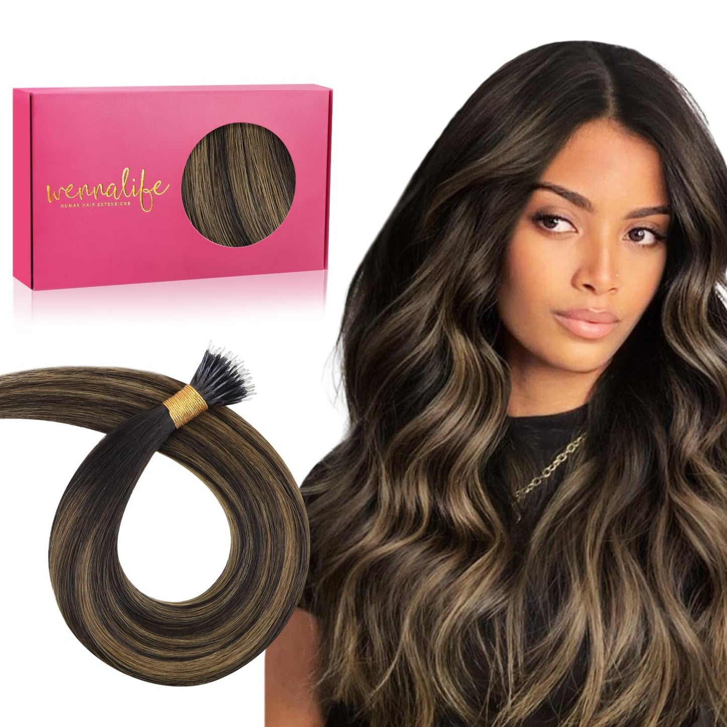 WENNALIFE Nano Bead Hair Extensions Human Hair, 50g 100s 14 Inch Balayage Dark Brown Mixed Chestnut BrownReal Human Hair Extensi