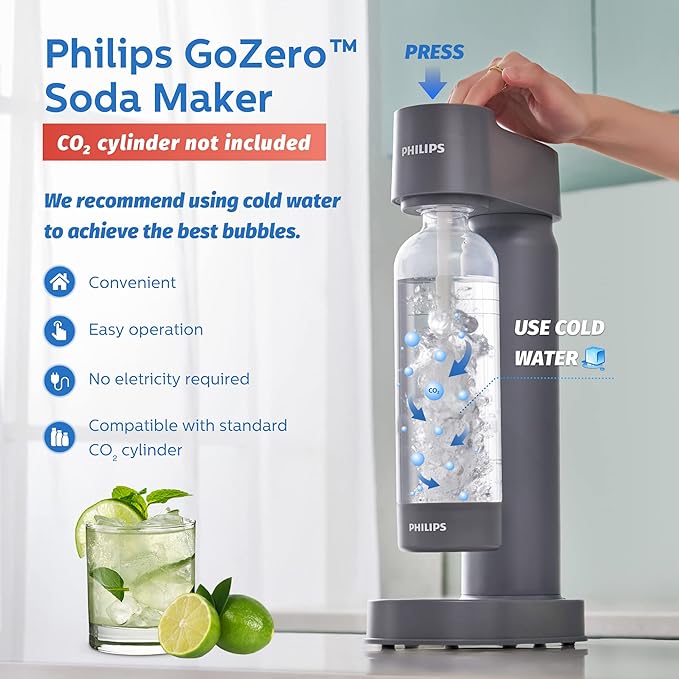 PHILIPS ADD4901GRO/37 Sparkling Water Maker Soda Maker Soda Streaming Machine for Carbonating with 1L Carbonating Bottle, Seltzer Fizzy Water Maker, Compatible with 60L CO2 Carbonator(NOT Included)
