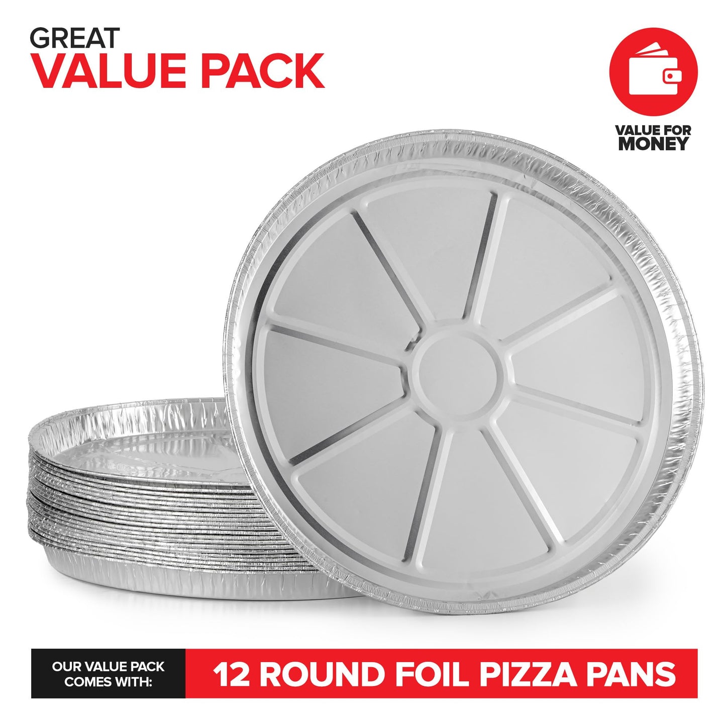 Stock Your Home 12 Inch Aluminum Pizza Pans Disposable (12 Pack) Round Foil Focaccia Pan for Individual Personal Pizzas, Giant Size Chocolate Chip Cookie Cake Tin, Large Serving Trays, Platter Tray