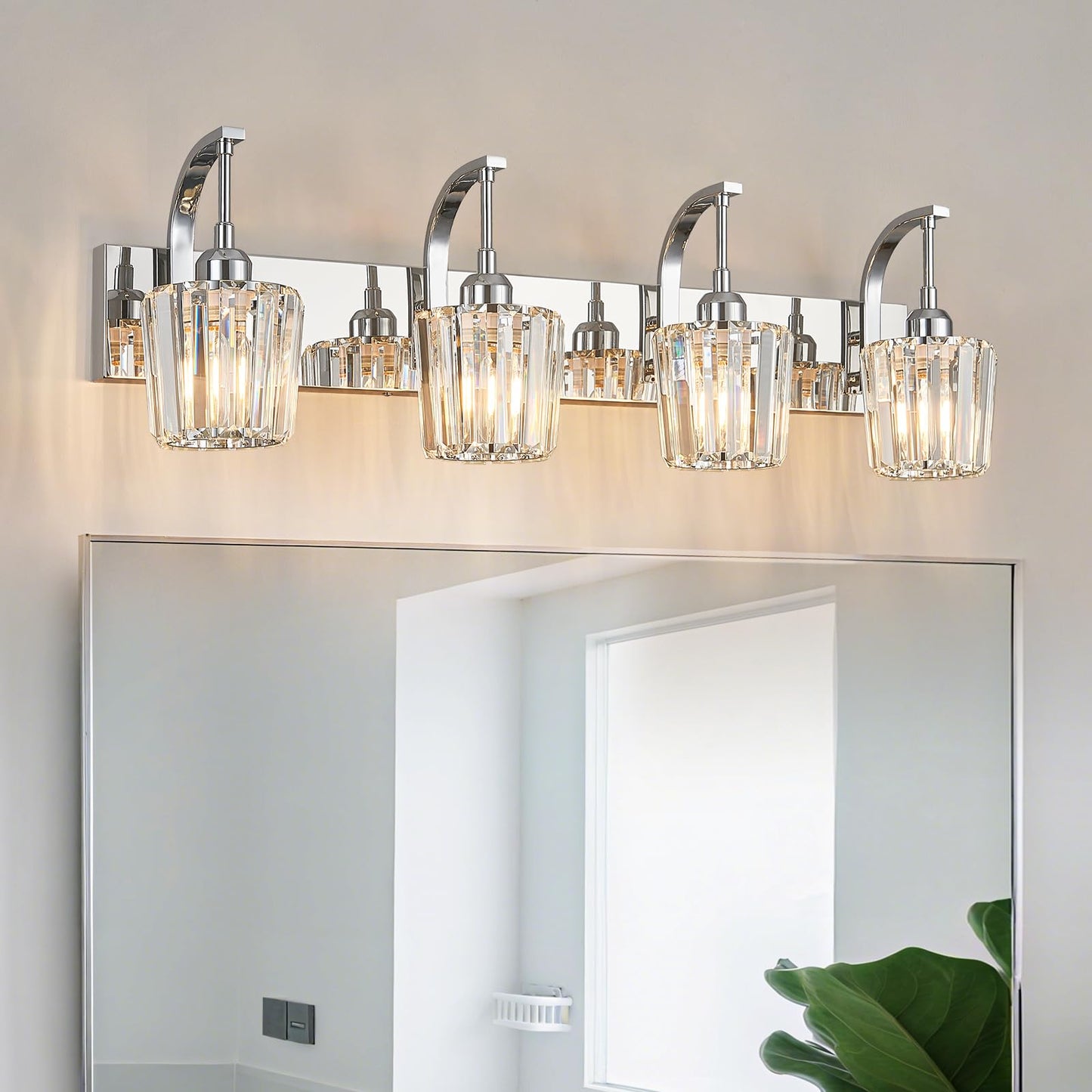 Fdpby Modern Bathroom Vanity Light  4-Light Chrome Wall Sconce With Crystal Accents  Over Mirror Bathroom Lighting Fixture  32.67 Long Dimmable Vanity Lamp For Makeup  Easy Installation