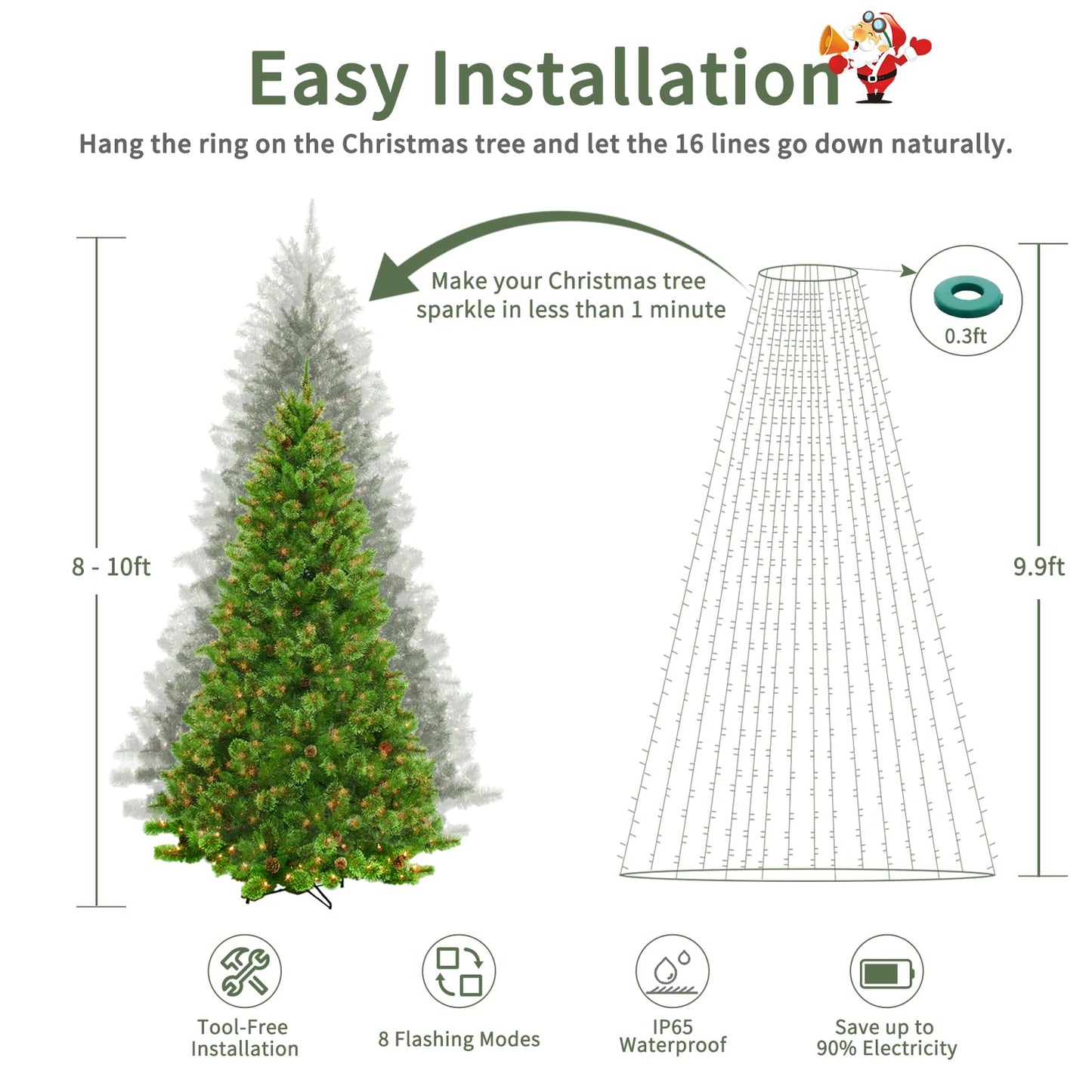 Christmas Tree Lights With Ring 9.9Ft 16 Line 544 Led Green Wire Fairy Waterfall String Light Plug In Dimmable Cascading Twinkle Lights With 8 Lighting Modes For Indoor Outdoor Xmas Tree(Cool White)