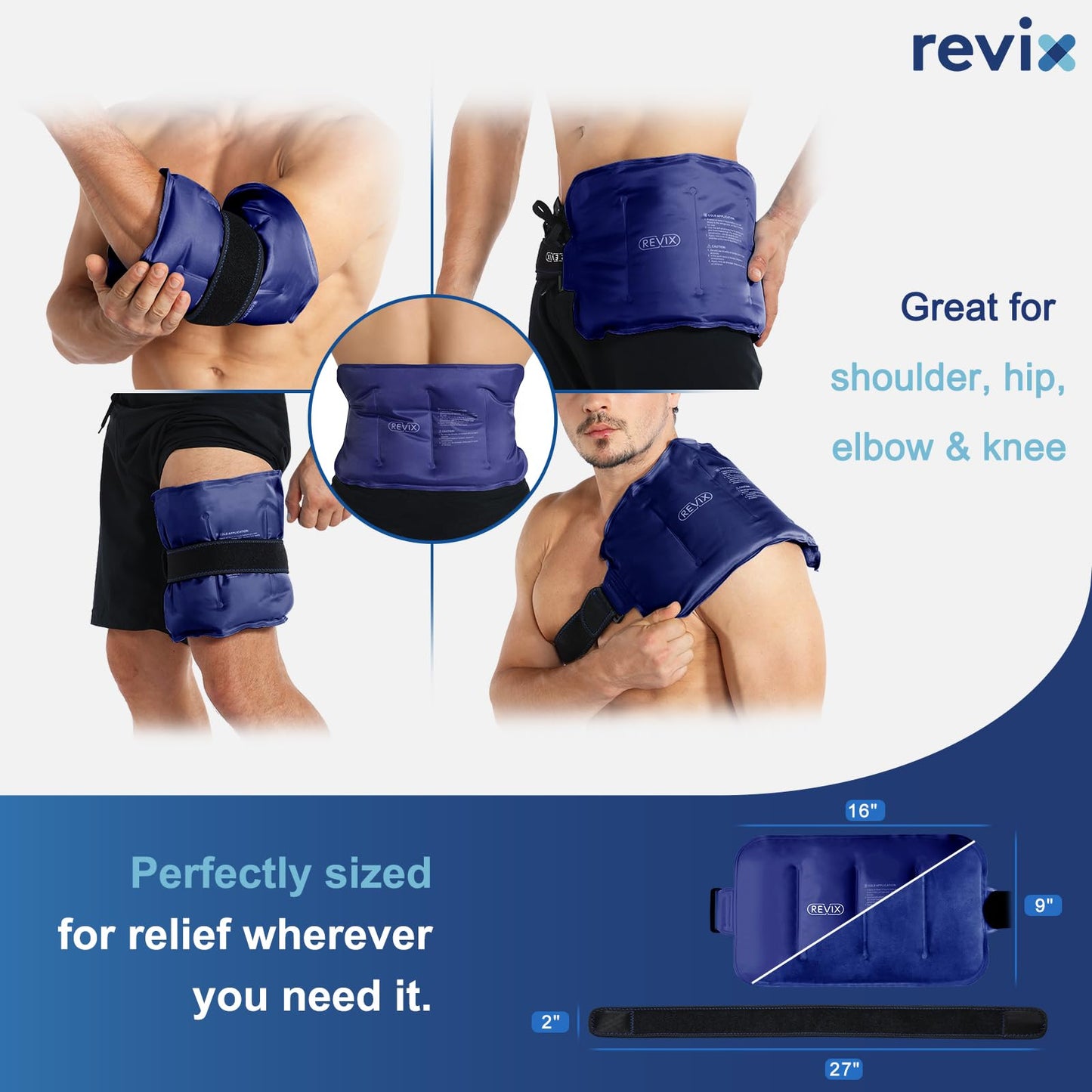REVIX Reusable Ice Pack for Back Relief, Soft Plush Lining Gel Cold Packs for Lower Back, Shin, Knee, Hip, Arm, Flexible Cold Compress, 16 × 9 ", 2 Packs