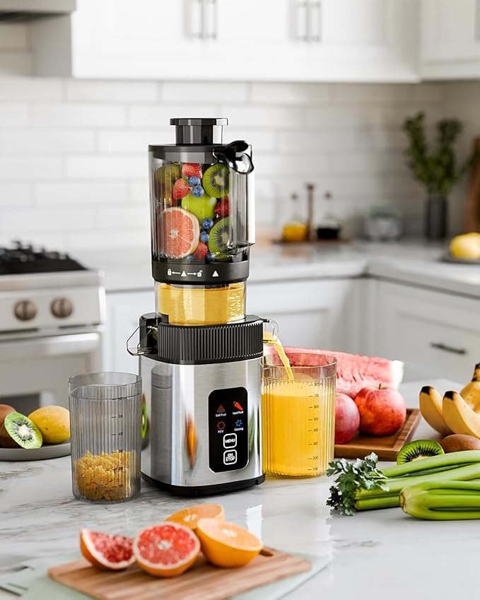 Kismile Cold Press Juicer Machine with Touch Control & 3 Modes, 4.35” Wide Feed Chute Slow Juicer for Whole Fruits & Vegetables, Stainless Steel Juicer Press, Easy to Clean, High Juice Yield for Home