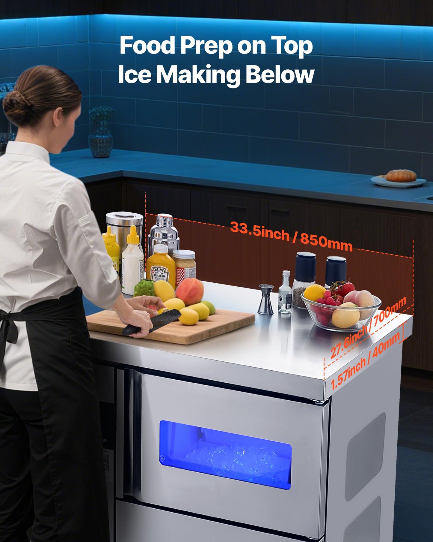 Vevor Commercial Ice Maker Machine, 132 Lbs/24H Stainless Steel Ice Machine With Worktop, 30 Lbs Storage & 70 Cubes/Cycle, Self-