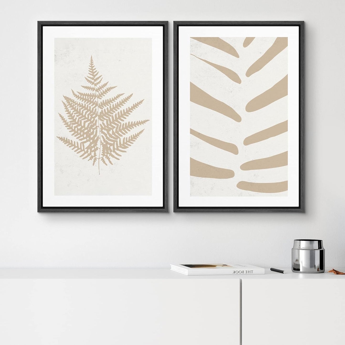 SIGNWIN Framed Canvas Print Wall Art Set Tan White Forest Plant Silhouettes Nature Wilderness Illustrations Modern Art Rustic Closeup Minimal for Living Room, Bedroom, Office - 24"x36"x2 Black
