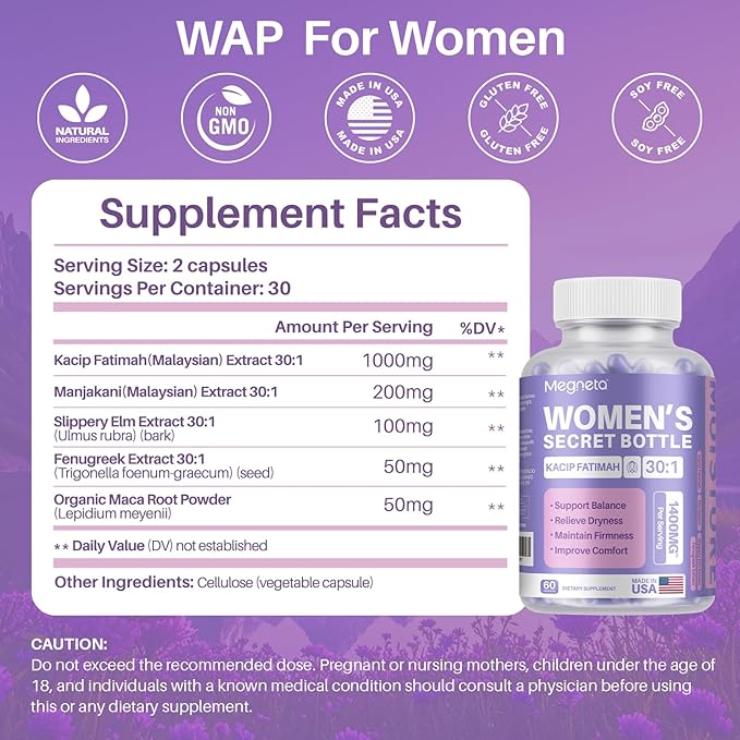 Vaginal Moisturizer, Kacip Fatimah 1,000mg & Manjakni 200mg for Female Intimate Health, Slippery Elm for Women, Vegan, 60 Capsules