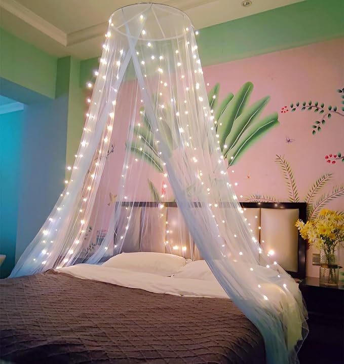 Eimilaly Two-Tone Bed Canopy Mosquito Net White Blue with Warm Lights, Bed Canopy for Girls Room Decor, Single Door