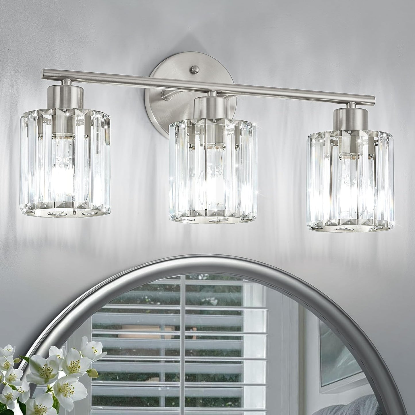 Kvhiiw Crystal Bathroom Light Fixtures,Bathroom Lighting Fixtures Over Mirror, Modern 3-Light Brushed Nickel Vanity Lights for M