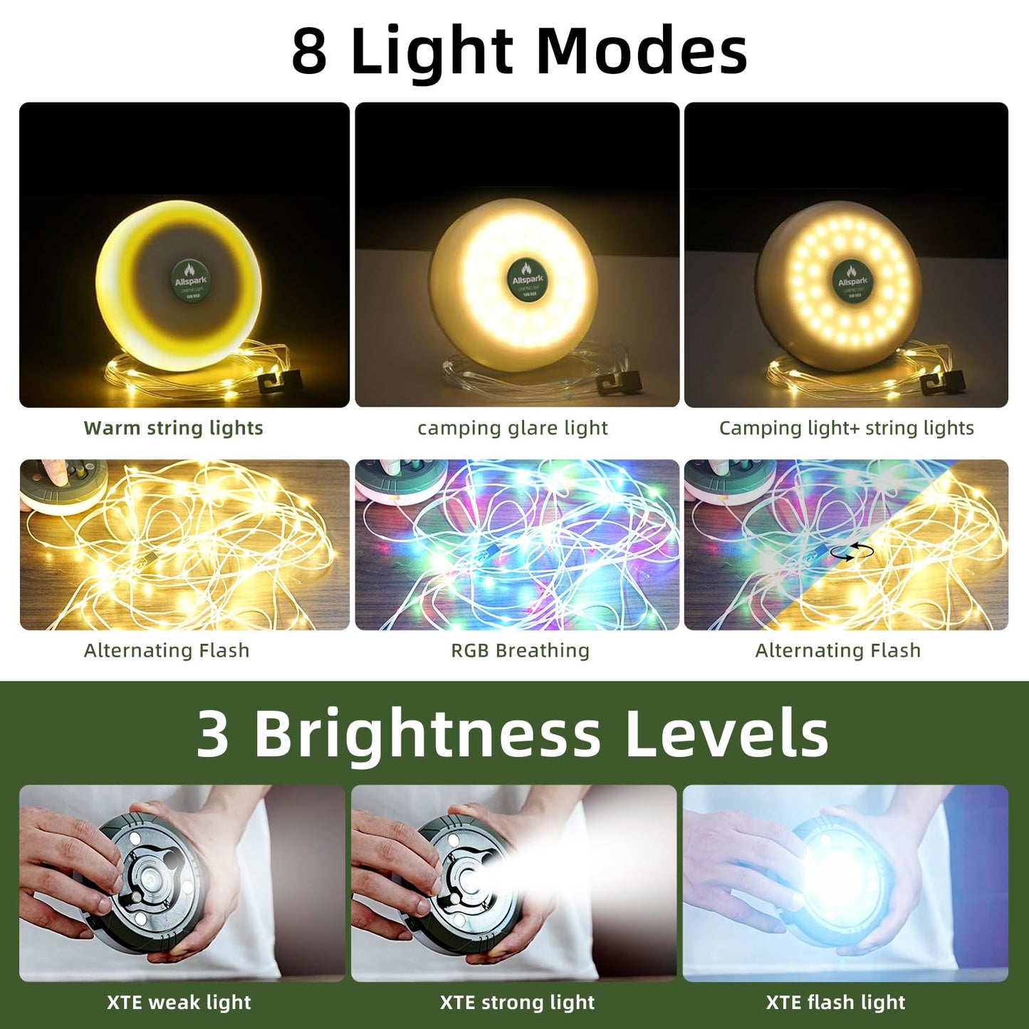 Camping String Lights Rechargeable Allspark 4 In 1 Quick Storage 32.8Ft Outdoor String Lights With 8 Lighting Modes Portable Led Fairy Lights For Christmas Decor Patio Tents Garden Party Holiday Gift