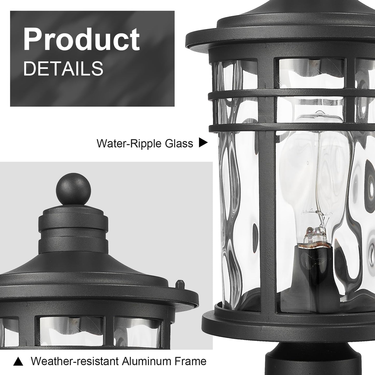 Darkaway 2 Pack Large Outdoor Post Lights Lamp Posts Outdoor Lighting  17Inch Aluminum Post Lights Outdoor Light Fixtures With Water Ripple Glass For Patio Yard Garden