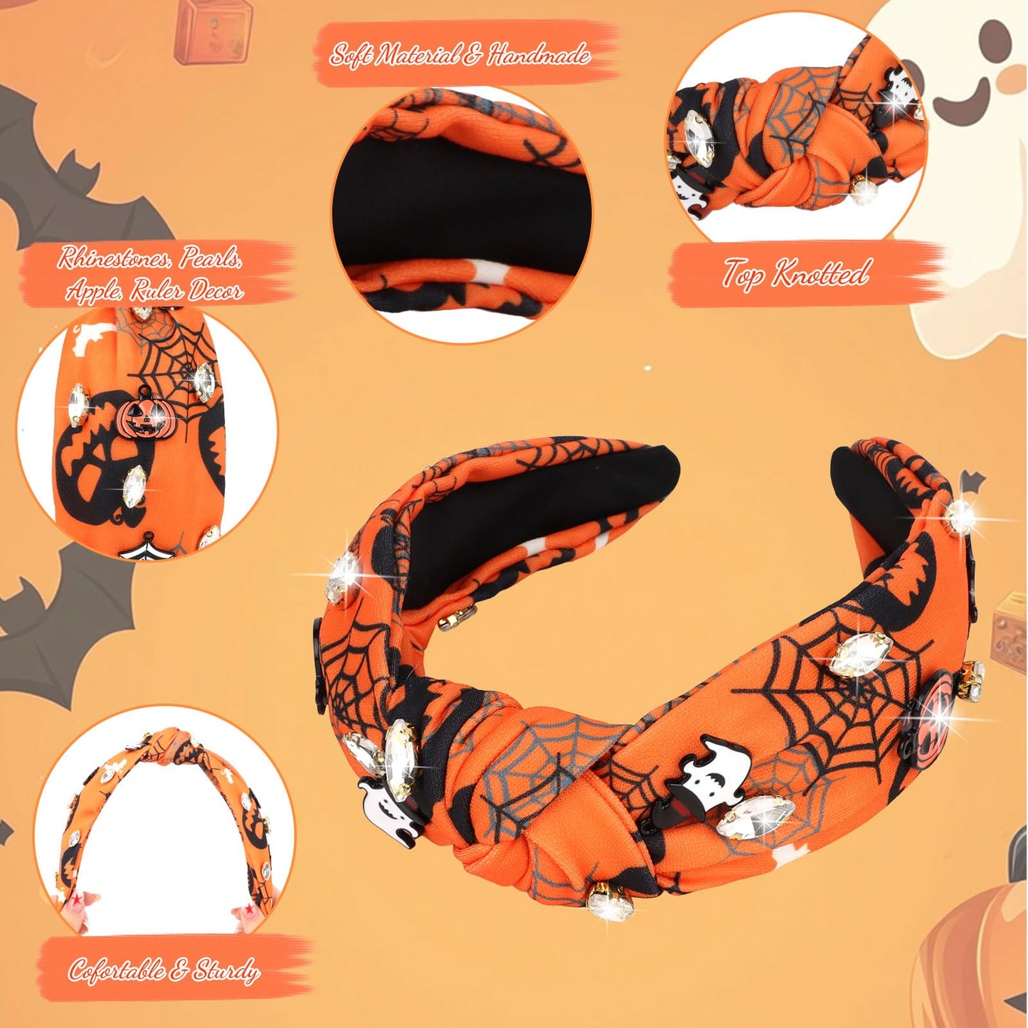 YARIEW Halloween Knotted Headbands for Women Boo Pumpkin Rhinestone Spider Ghost Headband for Women Fashion Headband Hair Access
