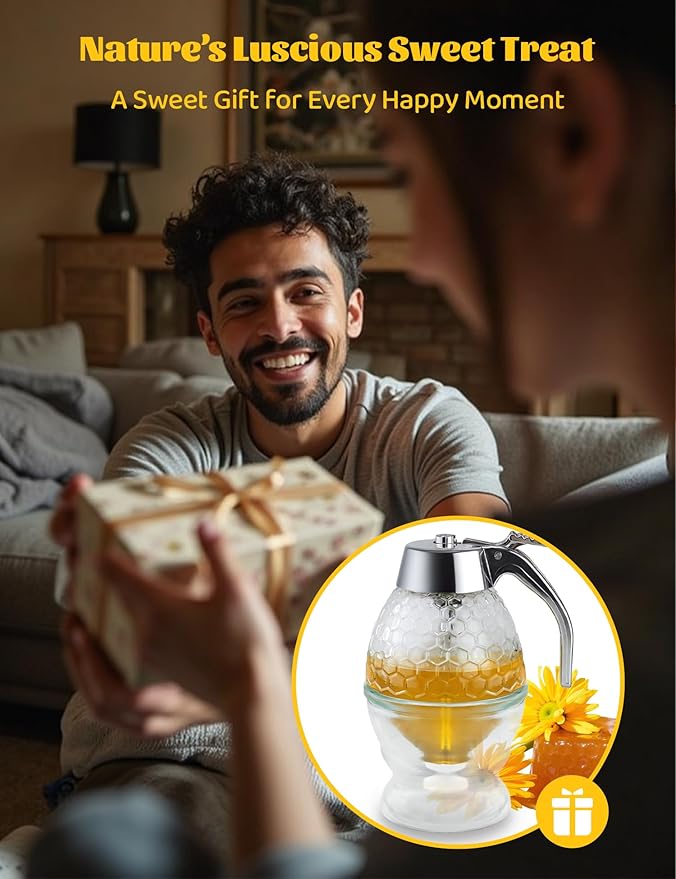 8-Ounce Drip Free Glass Honey Jar, Dispenser, Equipped With a Spoon, Stand,And Honeycomb Decoration Suitable for Maple Syrup, Honeycomb Syrup Server and Bee-themed Storage Tank