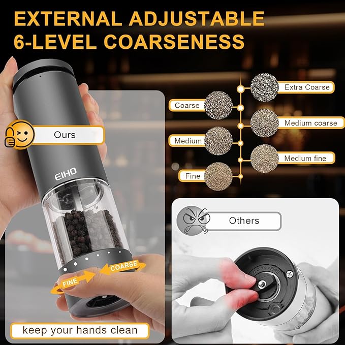 Electric Salt and Pepper Grinder Set Rechargeable, External Adjustable Coarseness, Automatic Salt & Pepper Shakers Mills, Kitchen Gadgets,Stocking Stuffers Christmas Cooking Gifts for Adults Men Women