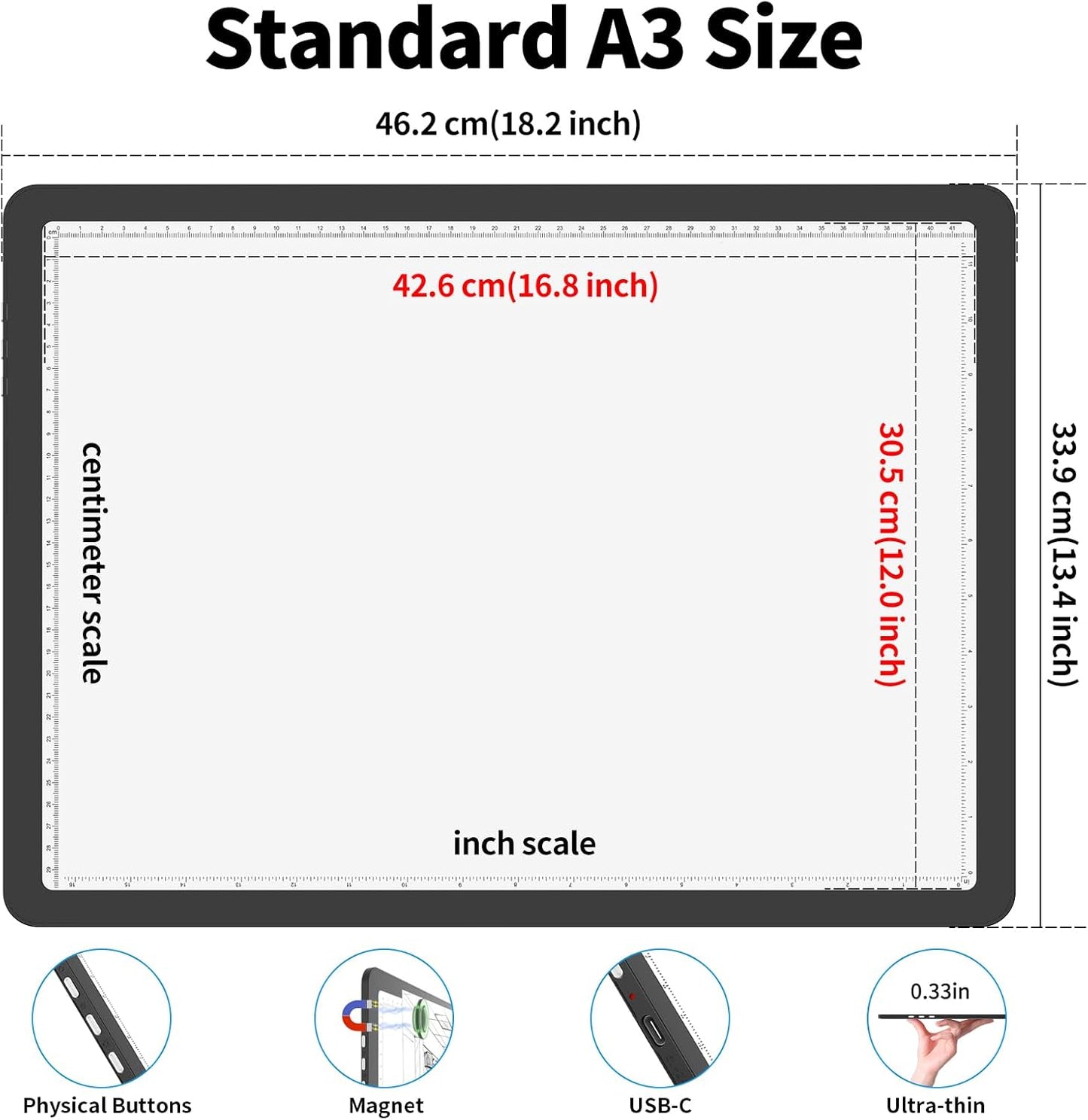 Phylosal Rechargeable A3 LED Light Pad for Diamond Painting, Ultra-Thin Magnetic Tracing Light Box for Drawing, Diamond Art Light Board with Side Button, Super Bright Light Table for Sketching (Black)