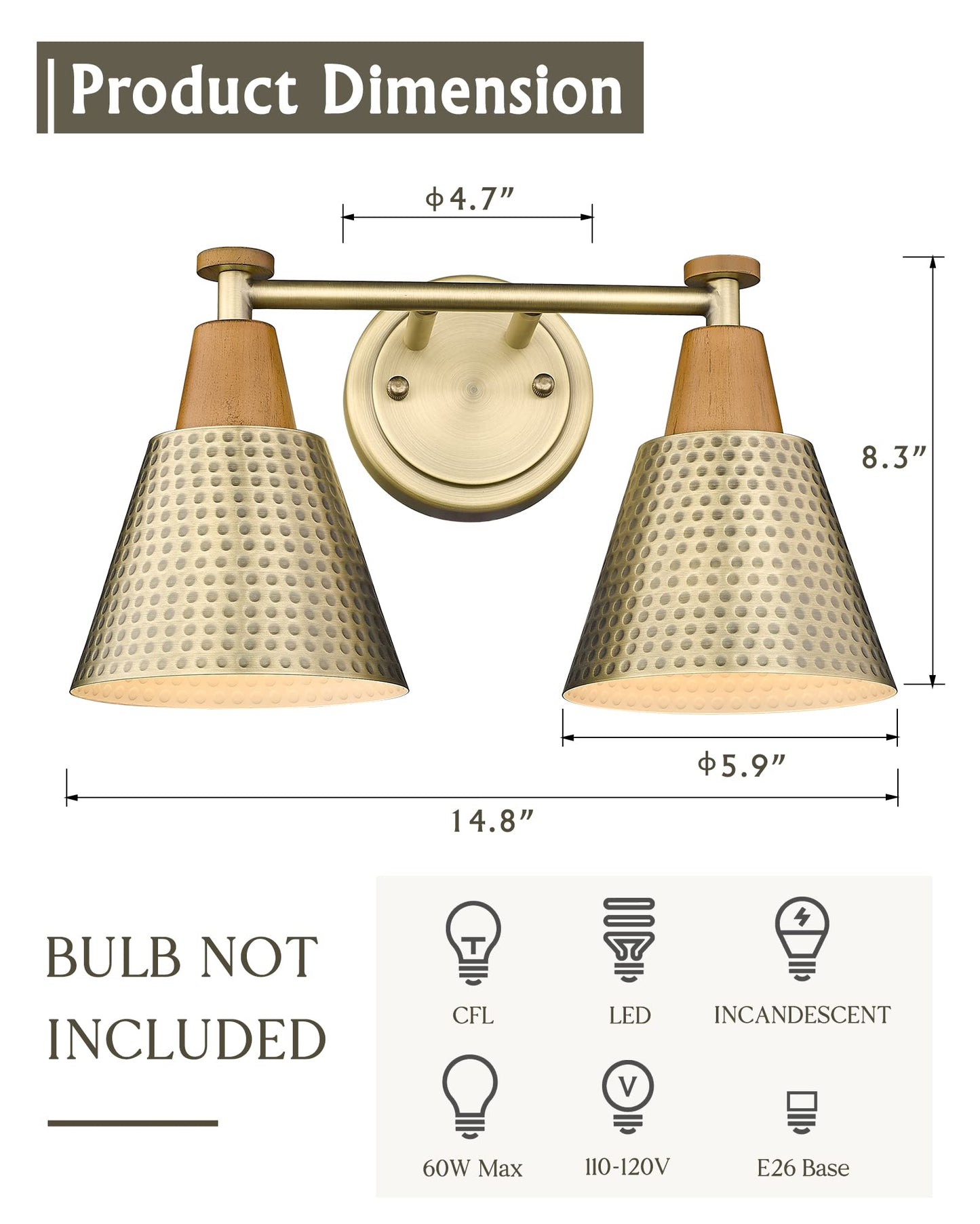 FEMILA 2-Light Bathroom Vanity Light Fixtures, Antique Brass Wall Sconces, Hammered Metal Shade