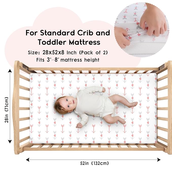 Yoofoss Baby Crib Sheets for Boys Girls, Fitted Crib Sheet 2 Pack for Standard Crib and Toddler Mattress, Super Soft Microfiber Baby Sheet 28x52x8in(Arrow)