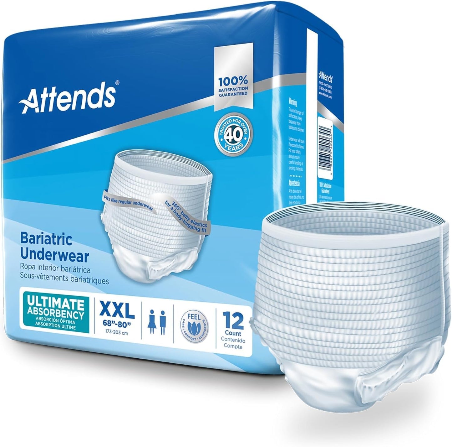 Attends Bariatric Adult Incontinence Underwear, 2X-Large (68–80”), [12 Count] – Overnight Absorbency for Men and Women, Disposable Pull-On Diapers with Tear-Away Sides, AU50